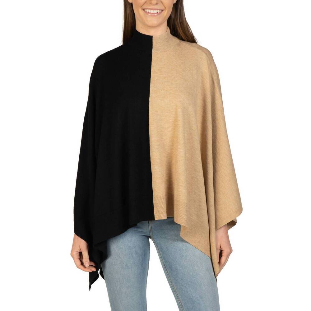 NEW LOVE TOKEN two-toned mock neck poncho in black/beige